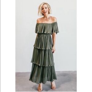 Baltic Born Olive Green Off-Shoulder Tiered Maxi Dress